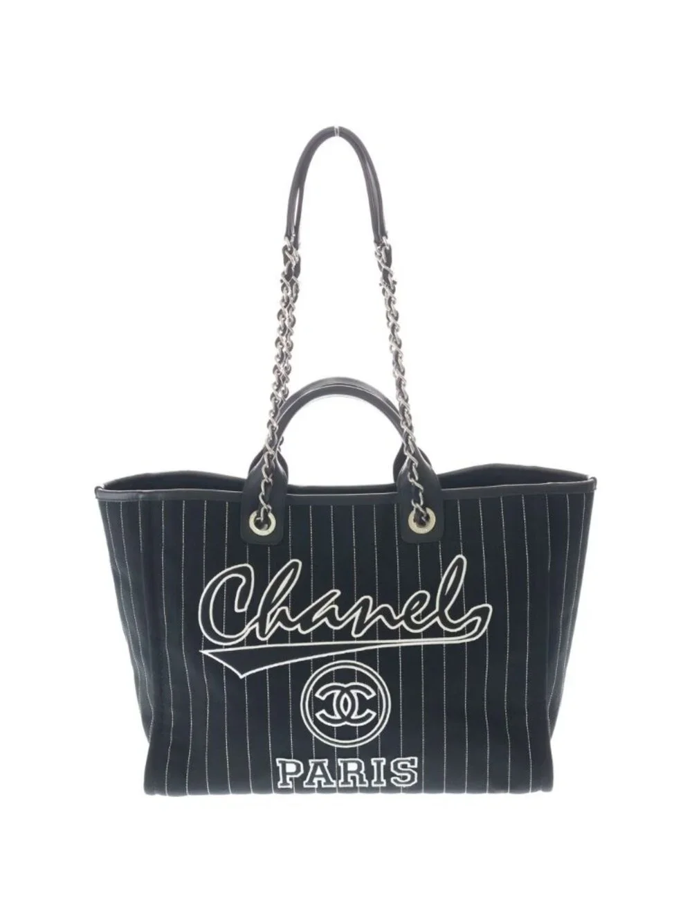 Chanel Deauville Canvas Logo Embroidery Tote Black Leather Silver